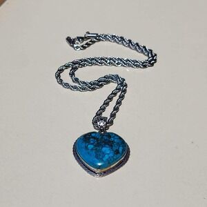 Vintage Silver Tone Turquoise Heart Pendant Rope Chain Necklace Blue Statement